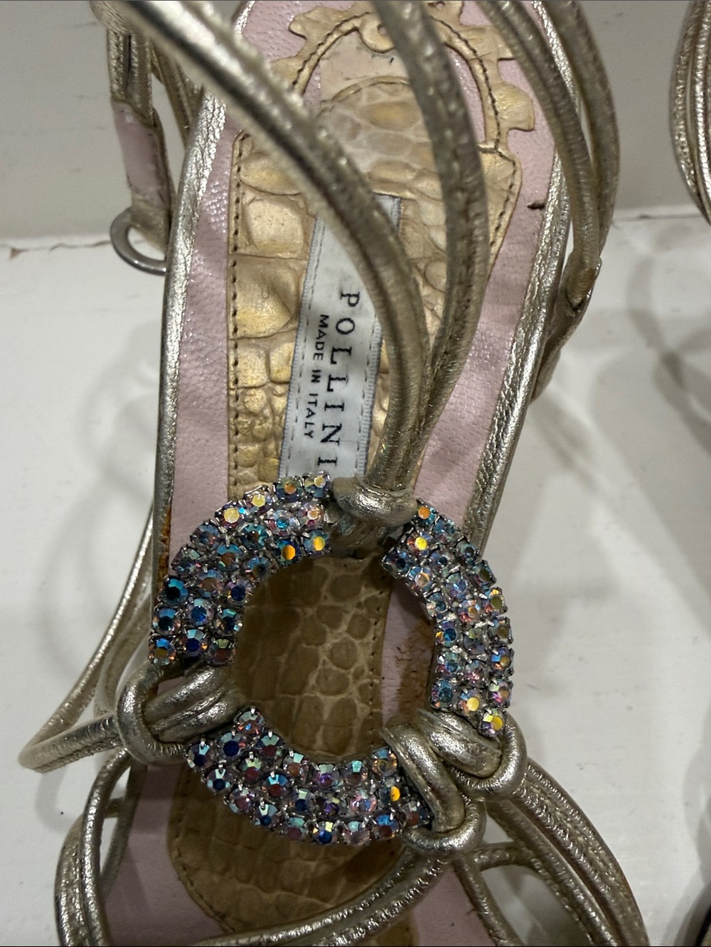 Pollini Women’s Metallic champagne Strappy Heeled Sandals with Crystal Ring - Picture 4 of 6